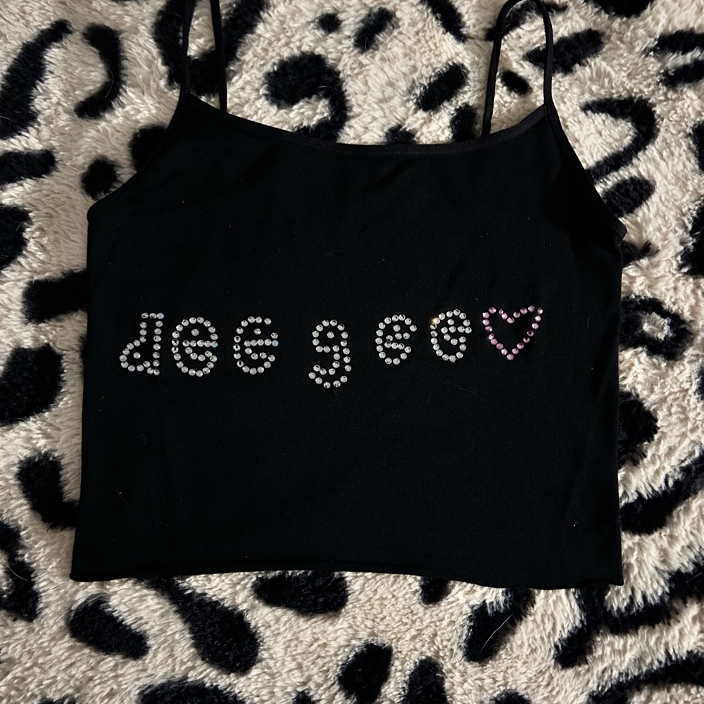 Black Spaghetti Strap Crop Top with Rhinestone Heart